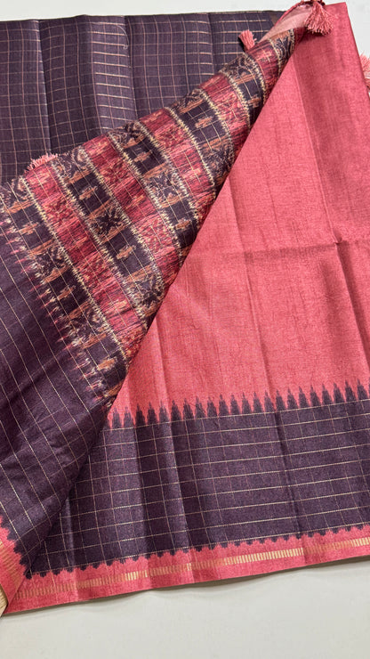 Semi Raw Silk Saree with Contrast Checks Border