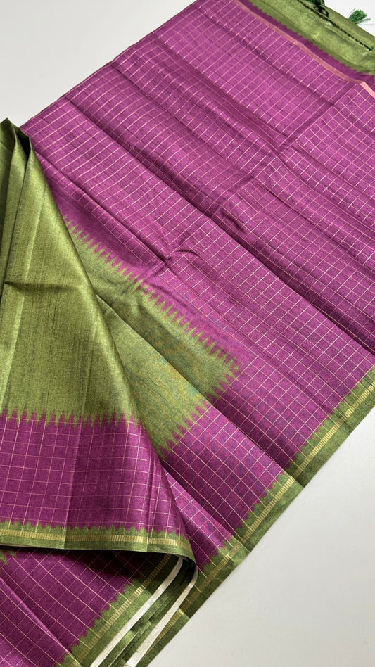 Semi Raw Silk Saree with Contrast Checks Border