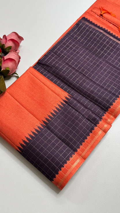 Semi Raw Silk Saree with Contrast Checks Border