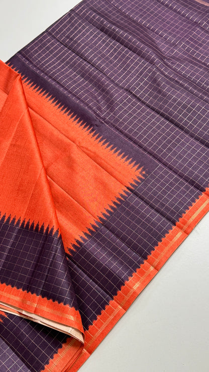 Semi Raw Silk Saree with Contrast Checks Border