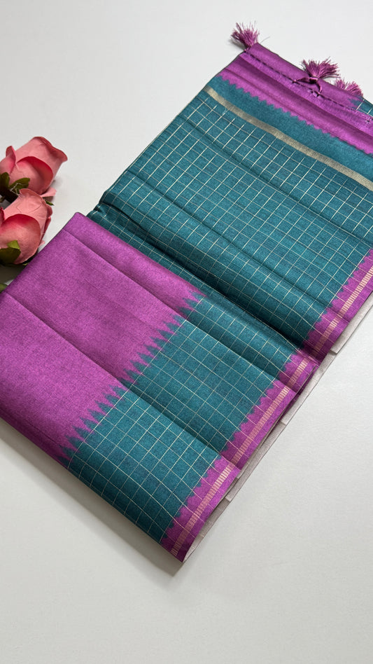 Semi Raw Silk Saree with Contrast Checks Border