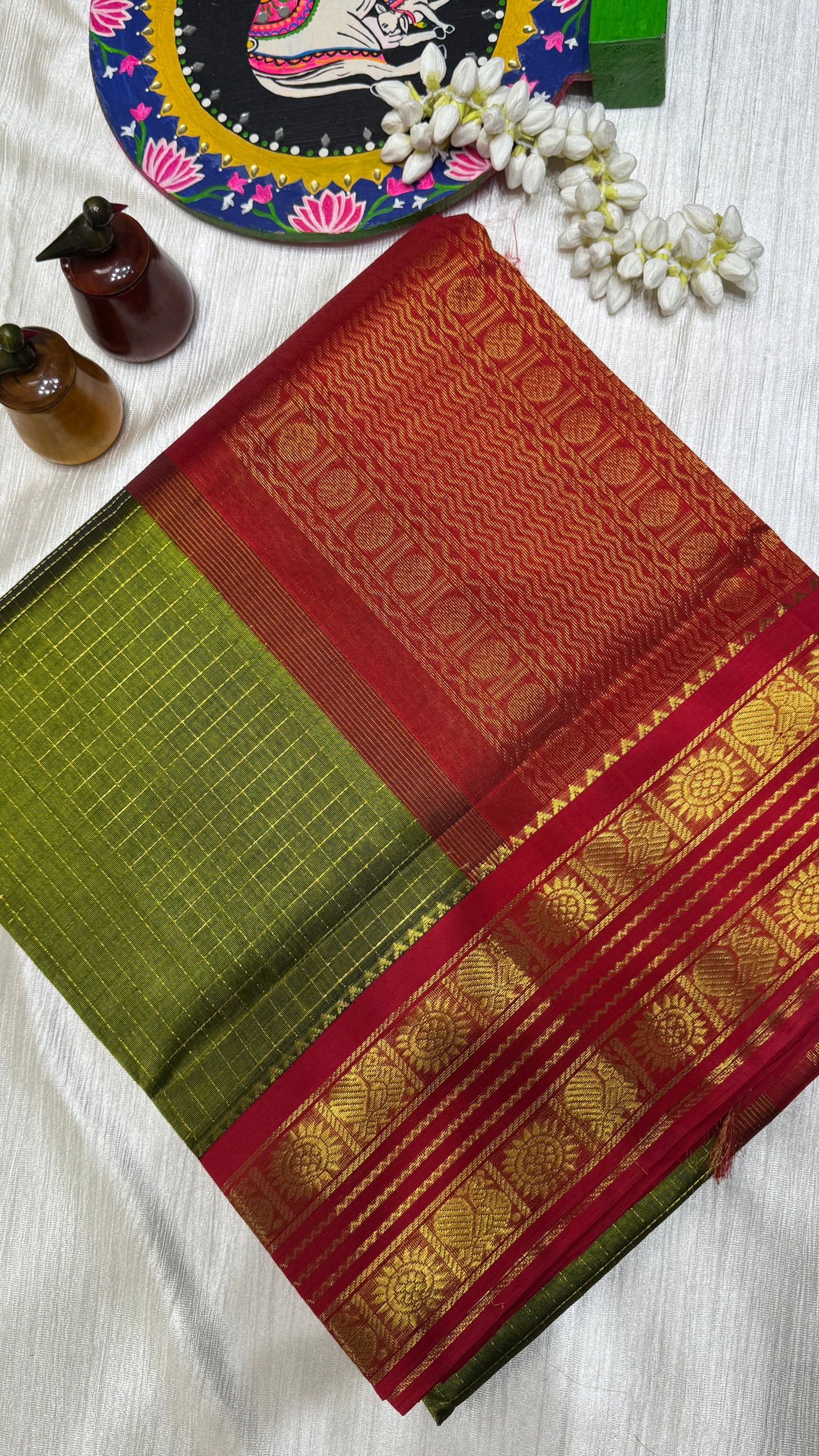 Zari Checks Pure Silk Cotton Saree with Korvai Border