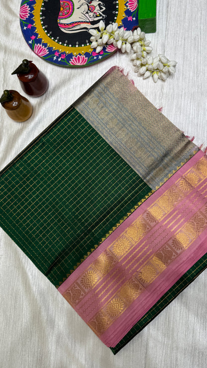 Zari Checks Pure Silk Cotton Saree with Korvai Border