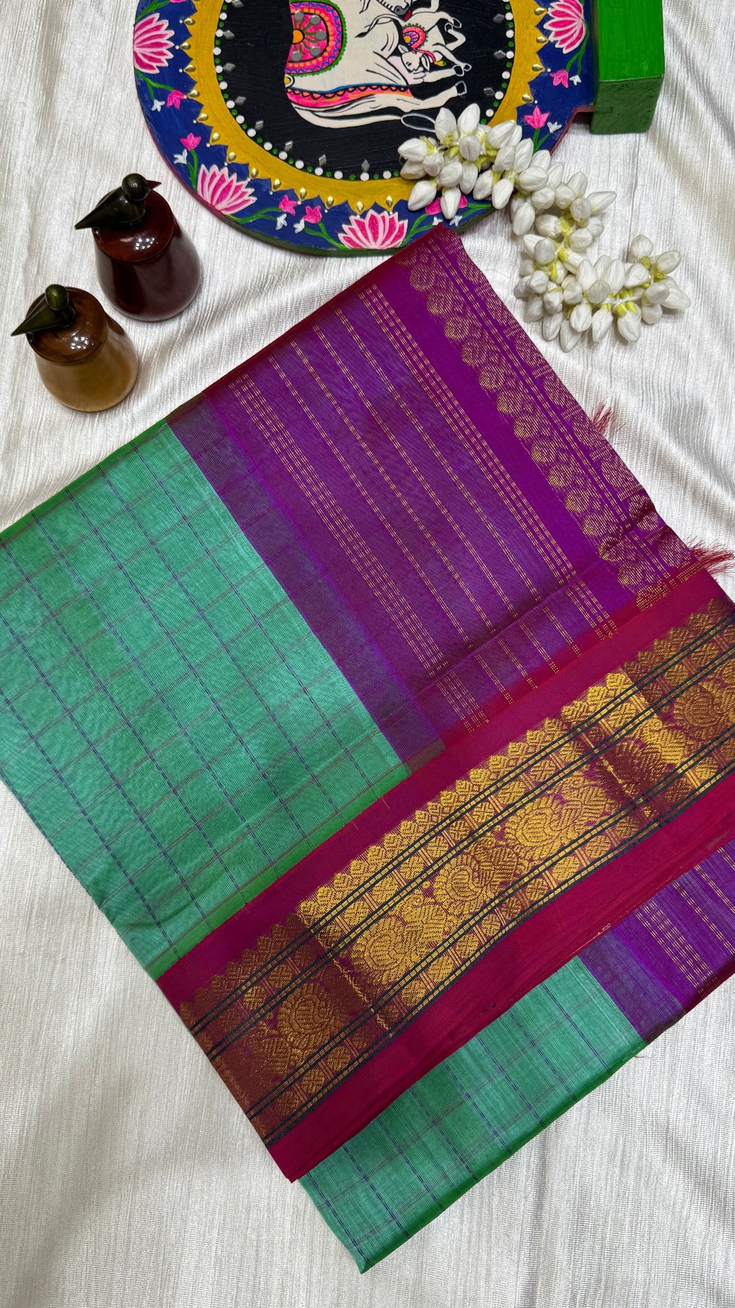 Zari Checks Pure Silk Cotton Saree with Korvai Border
