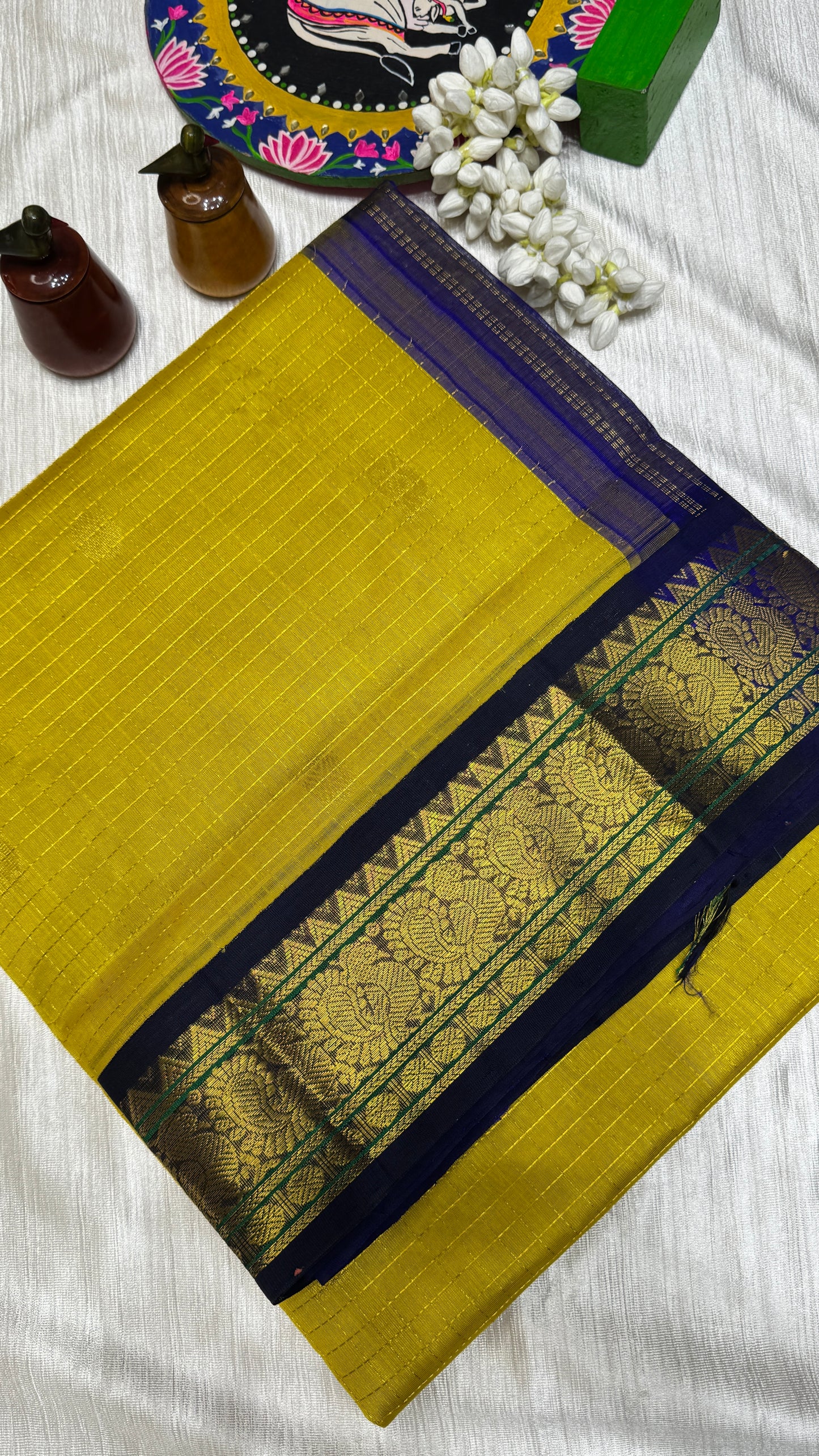 Zari Checks Pure Silk Cotton Saree with korvai borders