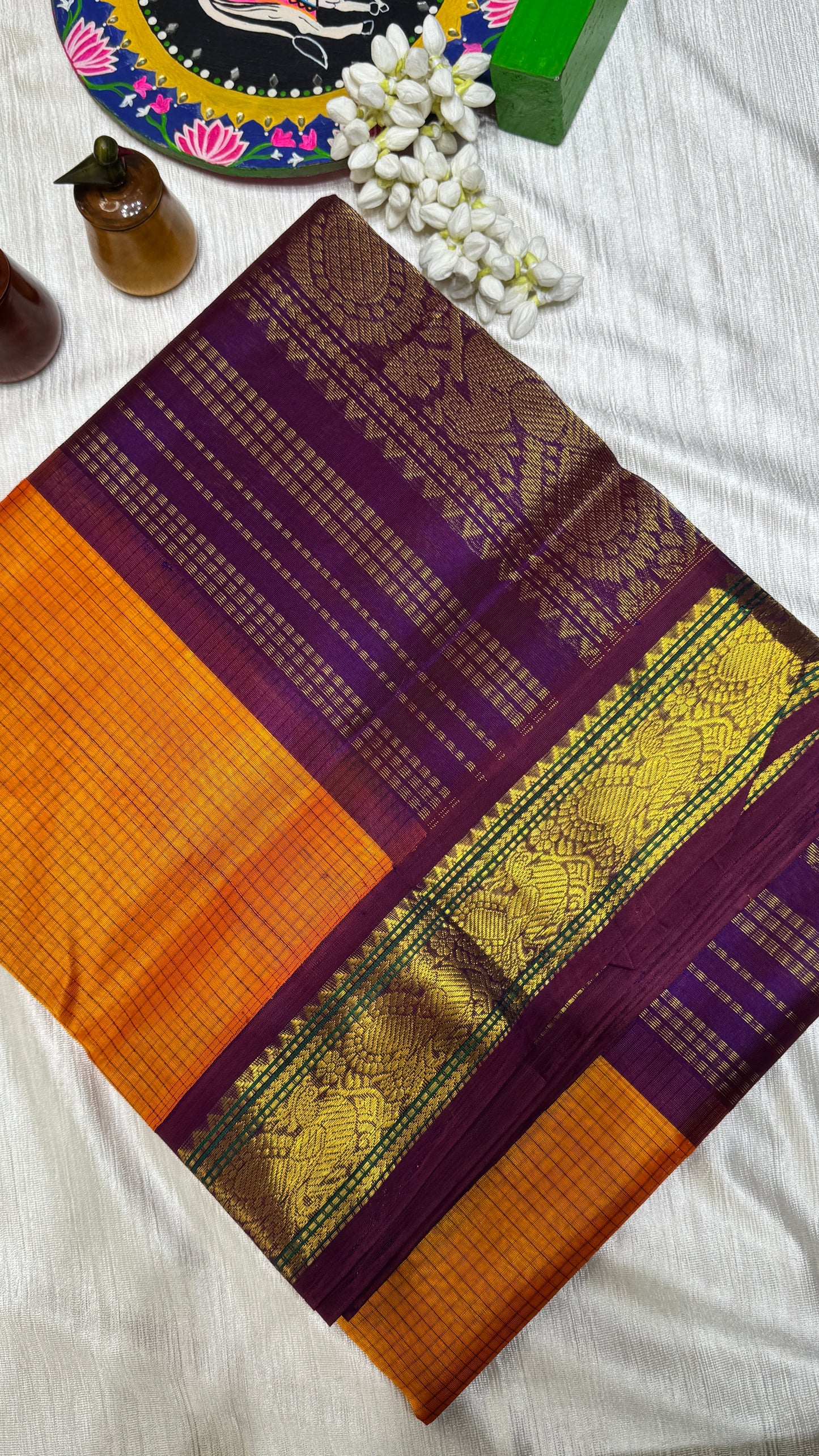 Thread Checks Pure Silk Cotton Saree with Korvai Border