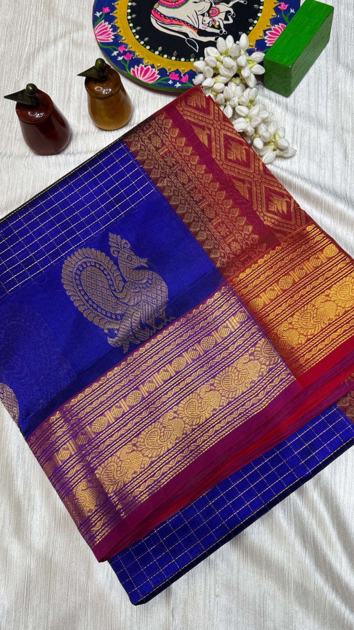 Zari Checks Pure Silk Cotton Saree with non korvai border