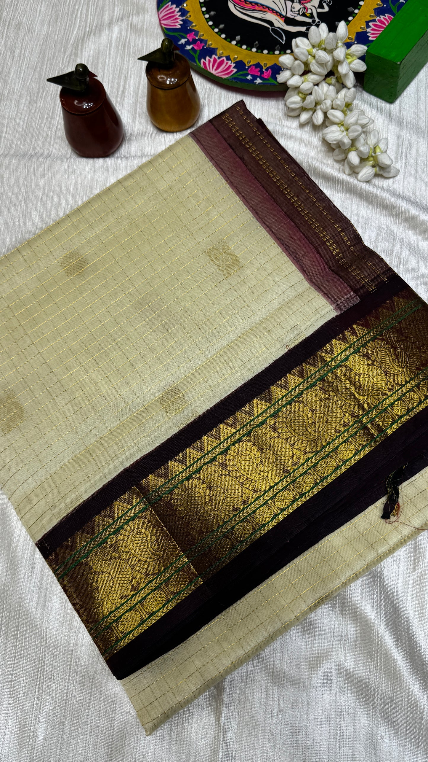 Zari Checks Pure Silk Cotton Saree with korvai borders