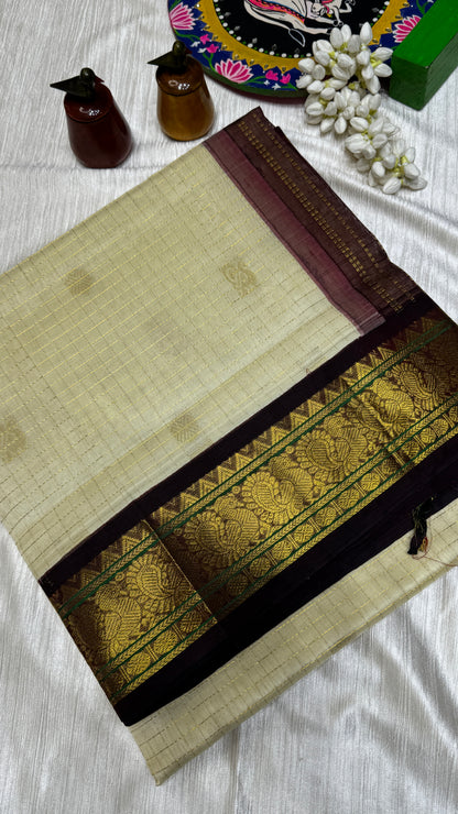 Zari Checks Pure Silk Cotton Saree with korvai borders
