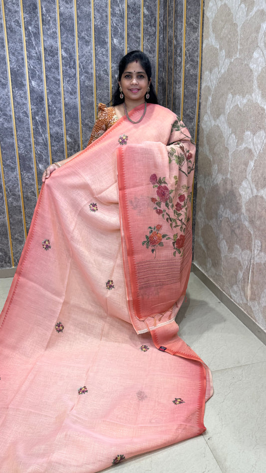 French Knot Embroidered Linen Tissue Saree