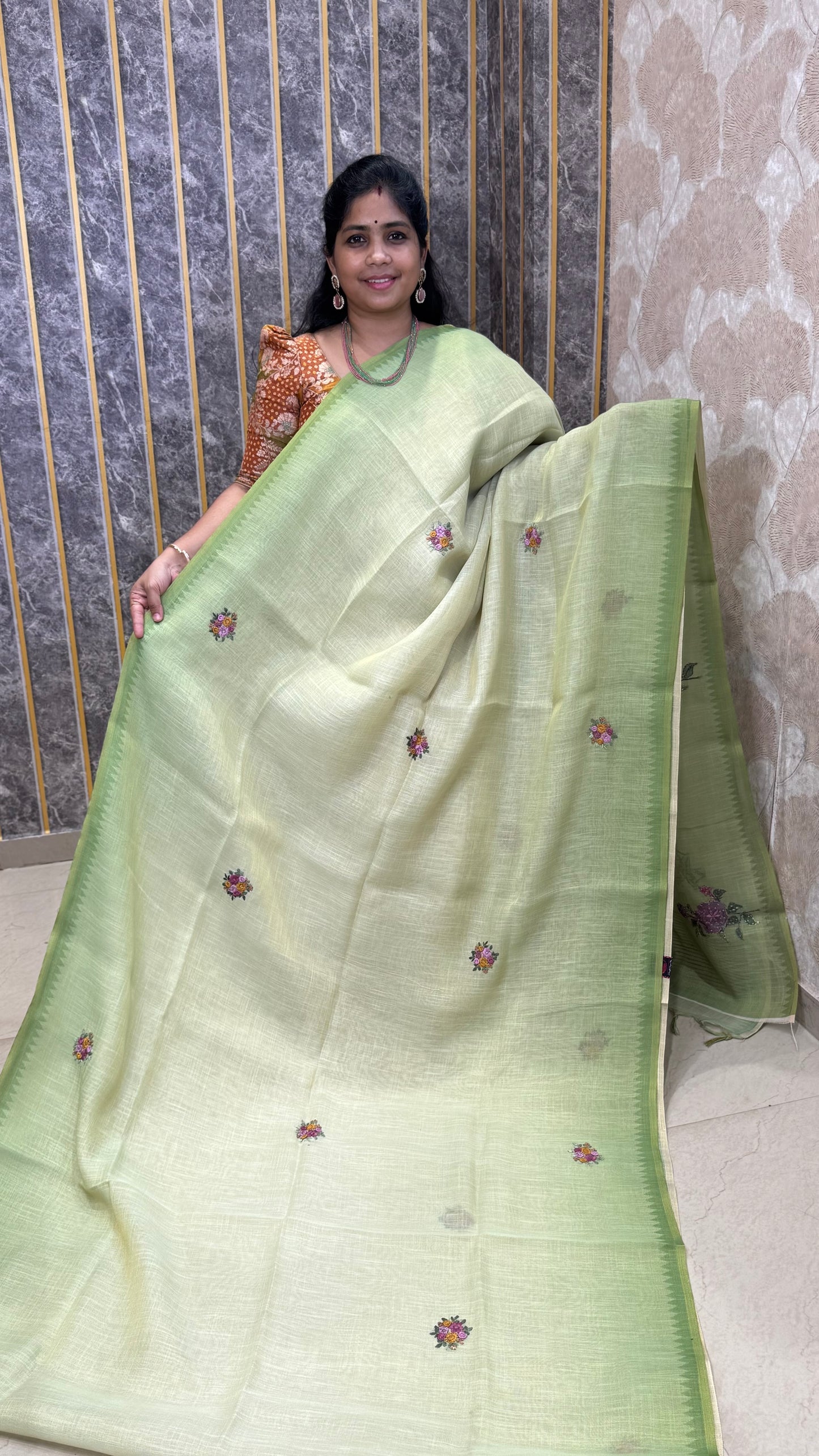 French Knot Embroidered Linen Tissue Saree