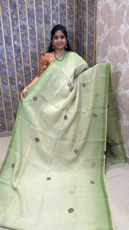 French Knot Embroidered Linen Tissue Saree