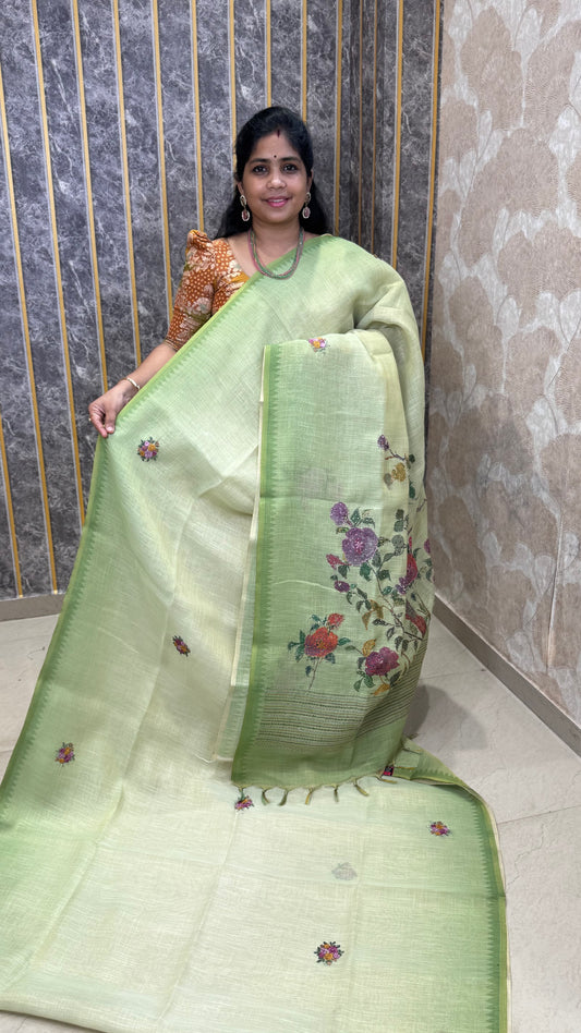 French Knot Embroidered Linen Tissue Saree