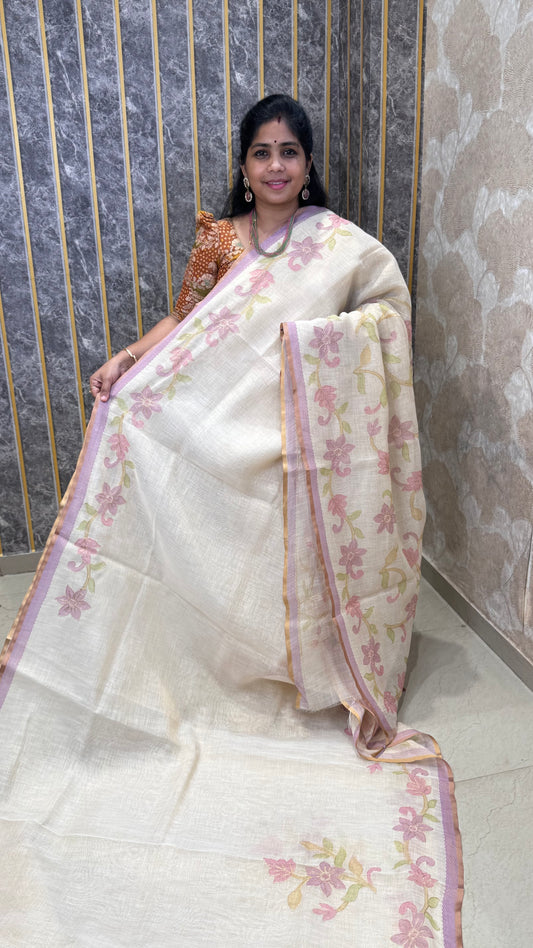 Tissue linen Saree with Pitta Work Embroidery Saree