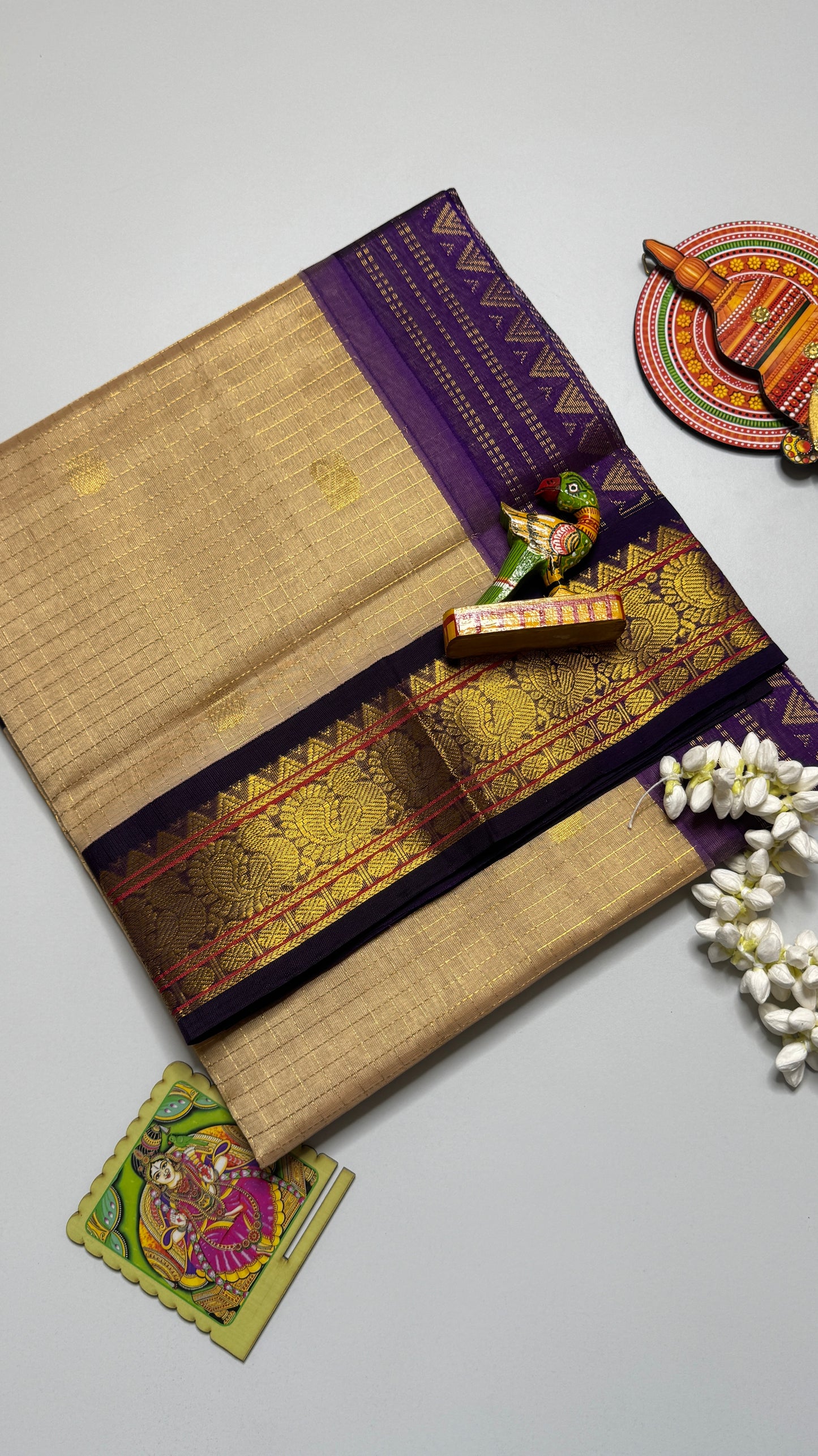 Zari Checks Pure Silk Cotton Saree with Korvai Borders