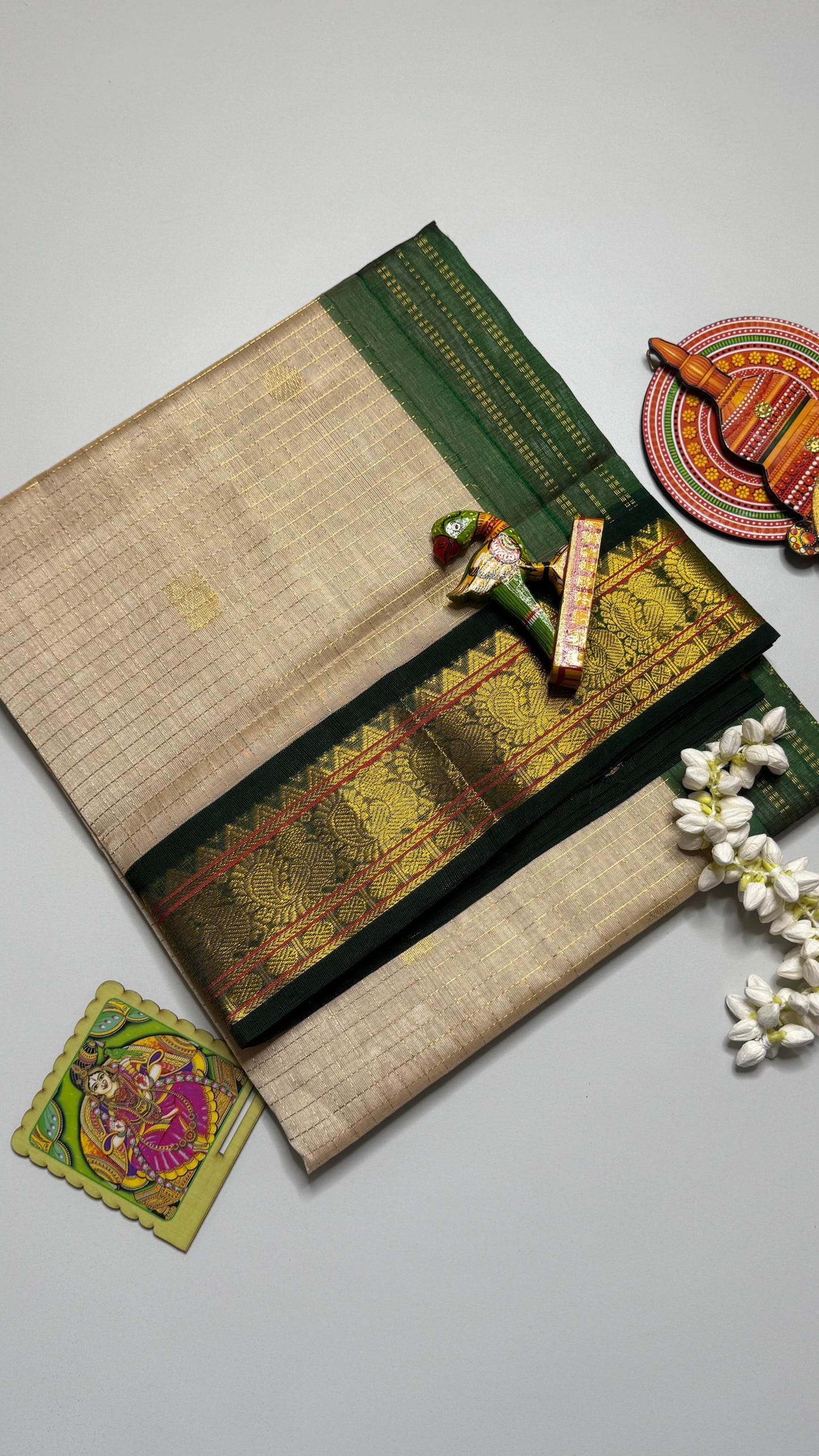 Zari Checks Pure Silk Cotton Saree with Korvai Borders