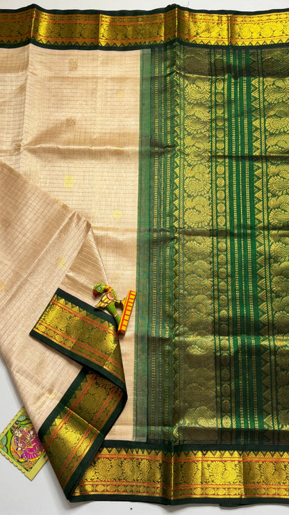 Zari Checks Pure Silk Cotton Saree with Korvai Borders