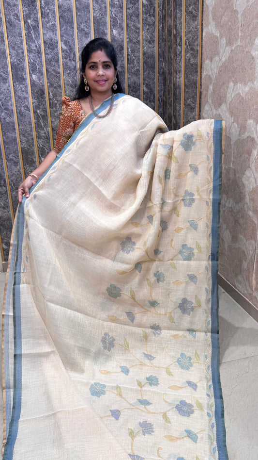 Tissue linen Saree with Pitta Work Embroidery Saree
