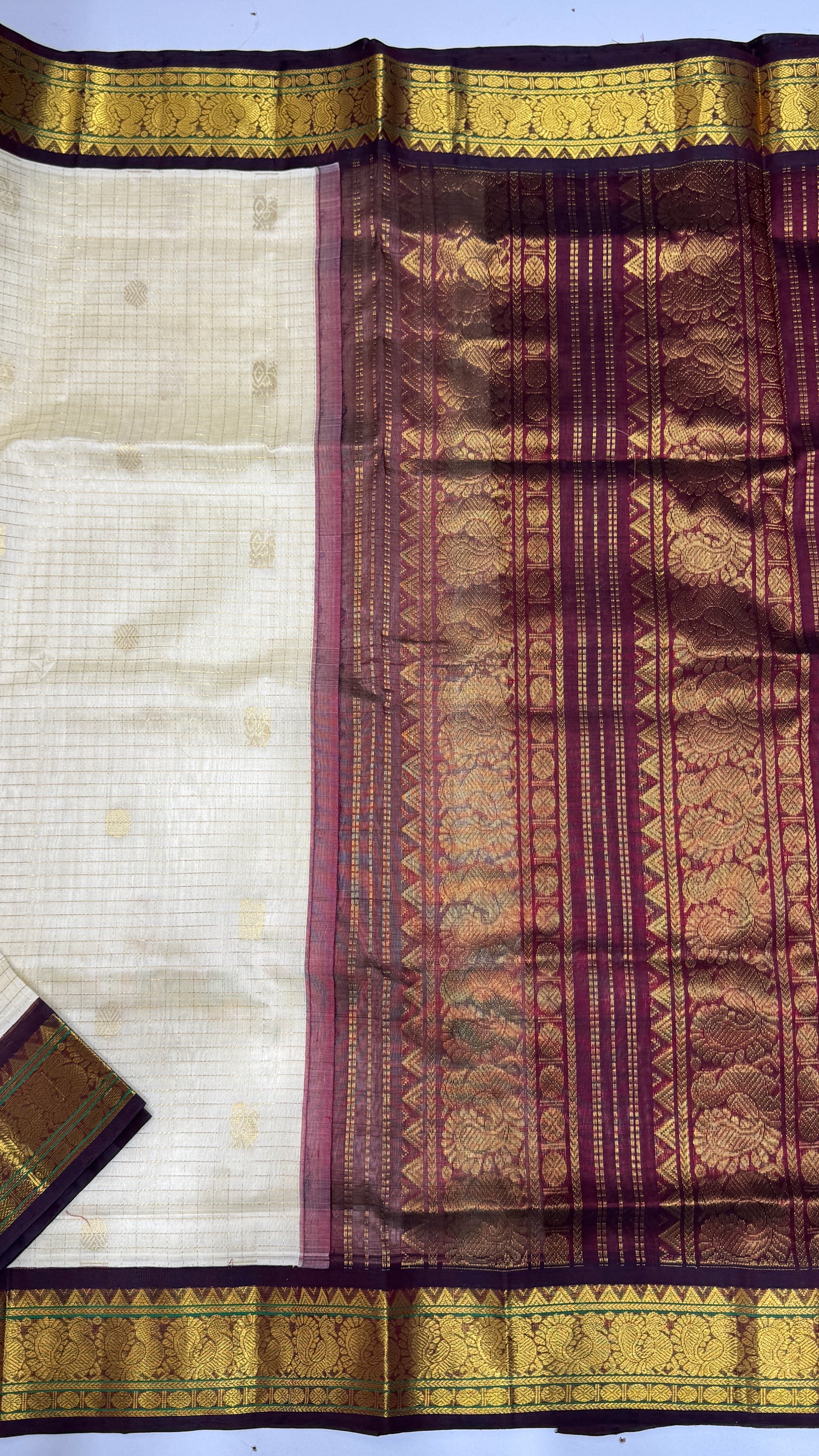 Zari Checks Pure Silk Cotton Saree with korvai borders