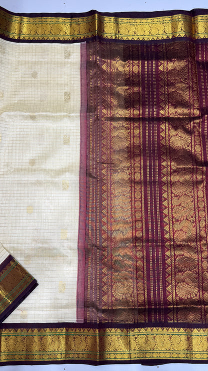 Zari Checks Pure Silk Cotton Saree with korvai borders