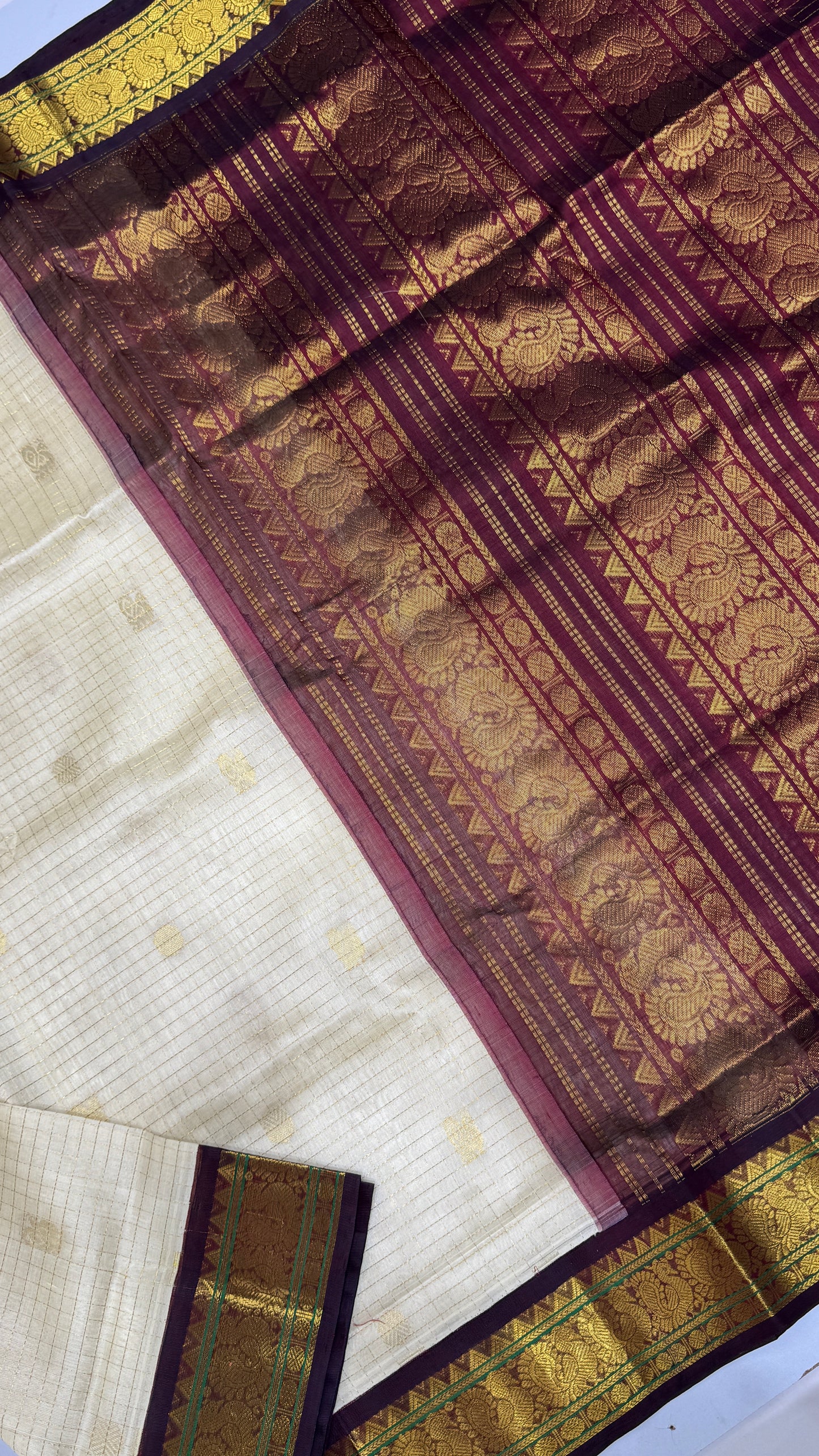 Zari Checks Pure Silk Cotton Saree with korvai borders