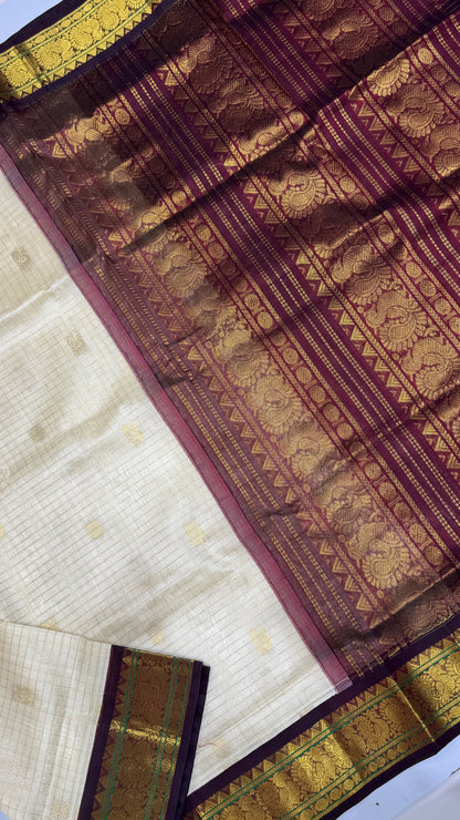 Zari Checks Pure Silk Cotton Saree with korvai borders