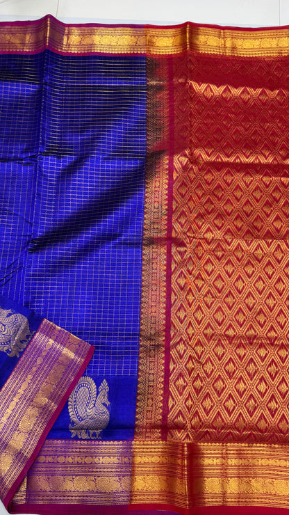 Zari Checks Pure Silk Cotton Saree with non korvai border