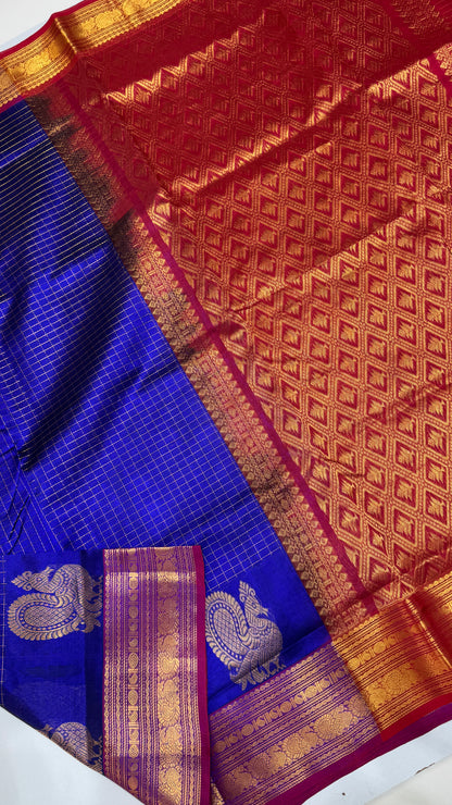 Zari Checks Pure Silk Cotton Saree with non korvai border