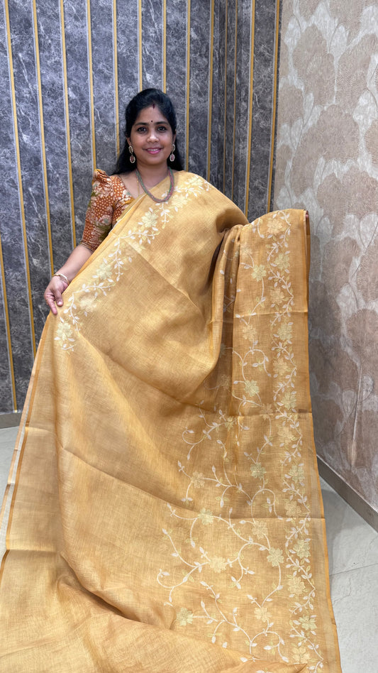 Tissue linen Saree with Pitta Work Embroidery Saree