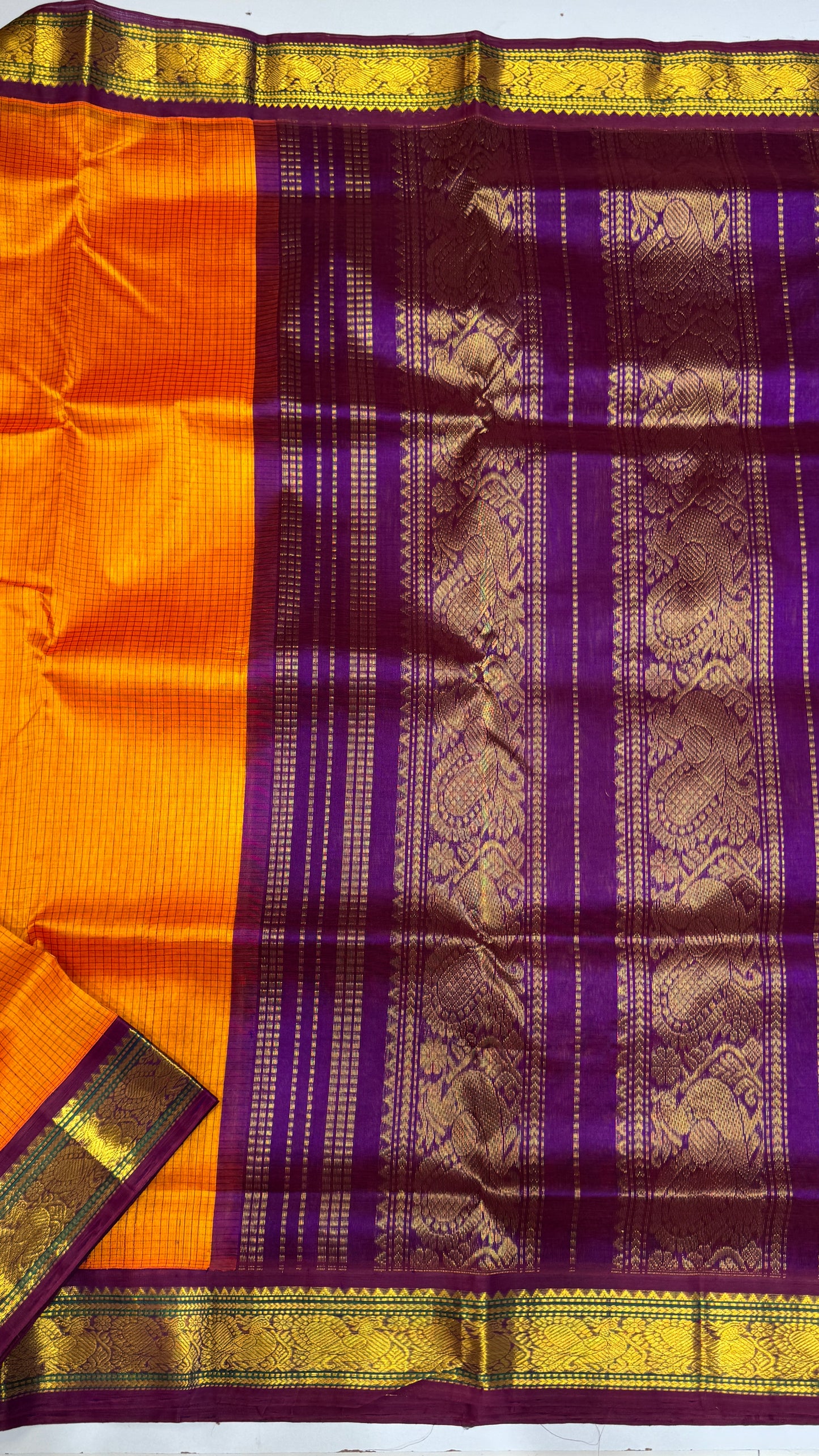 Thread Checks Pure Silk Cotton Saree with Korvai Border