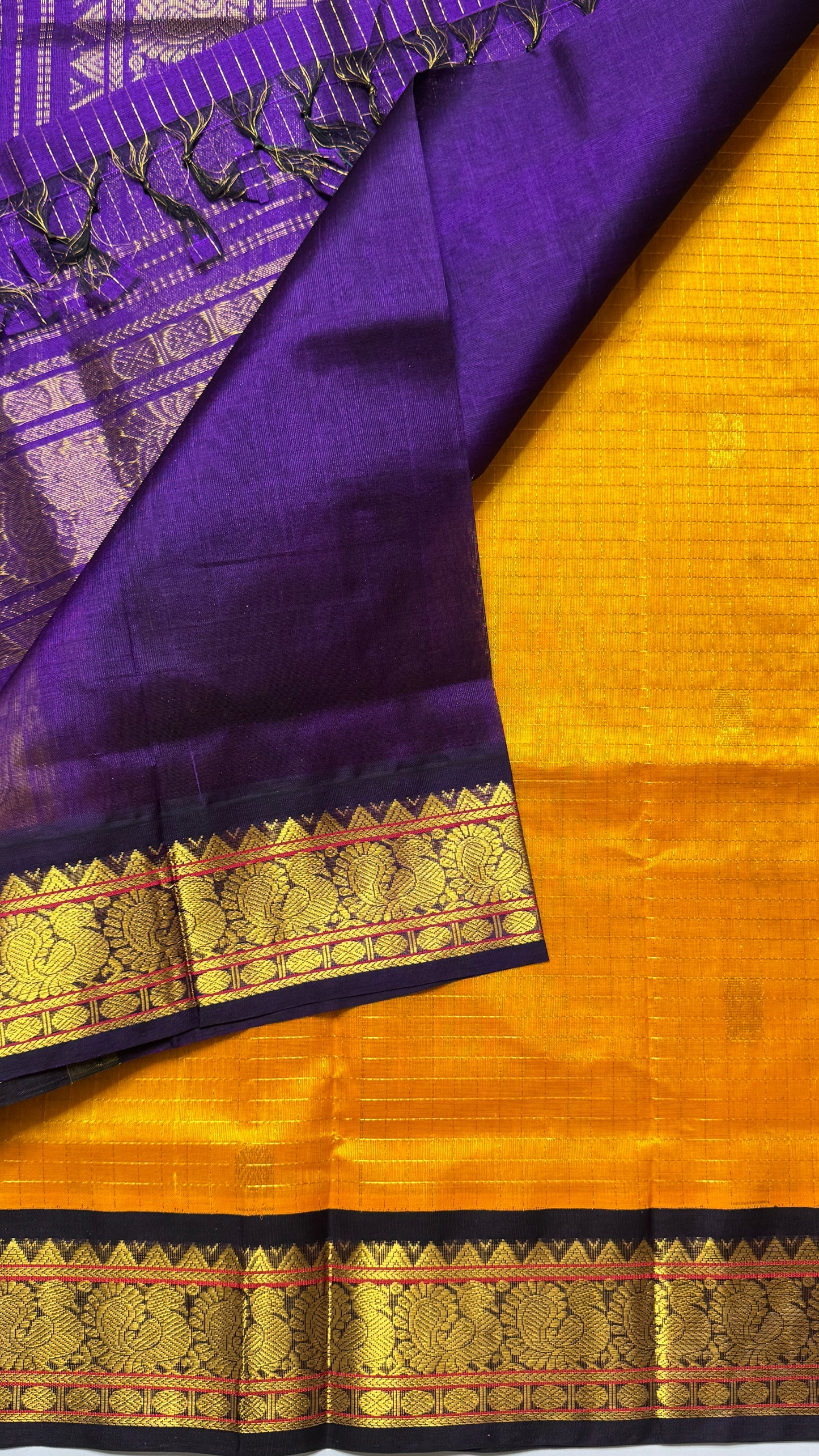 Zari Checks Pure Silk Cotton Saree with Korvai Borders