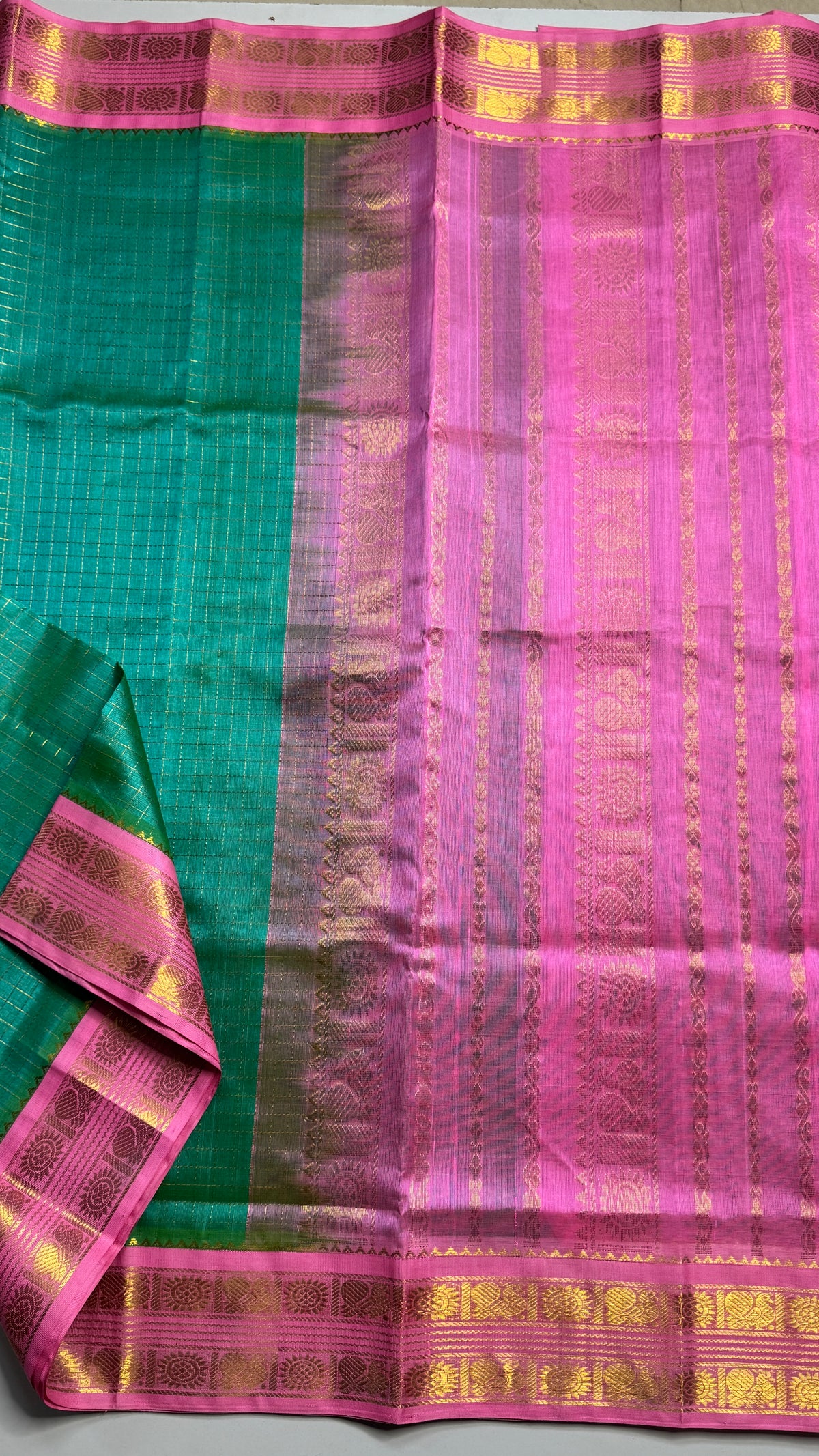 Zari Checks Pure Silk Cotton Saree with Korvai Border