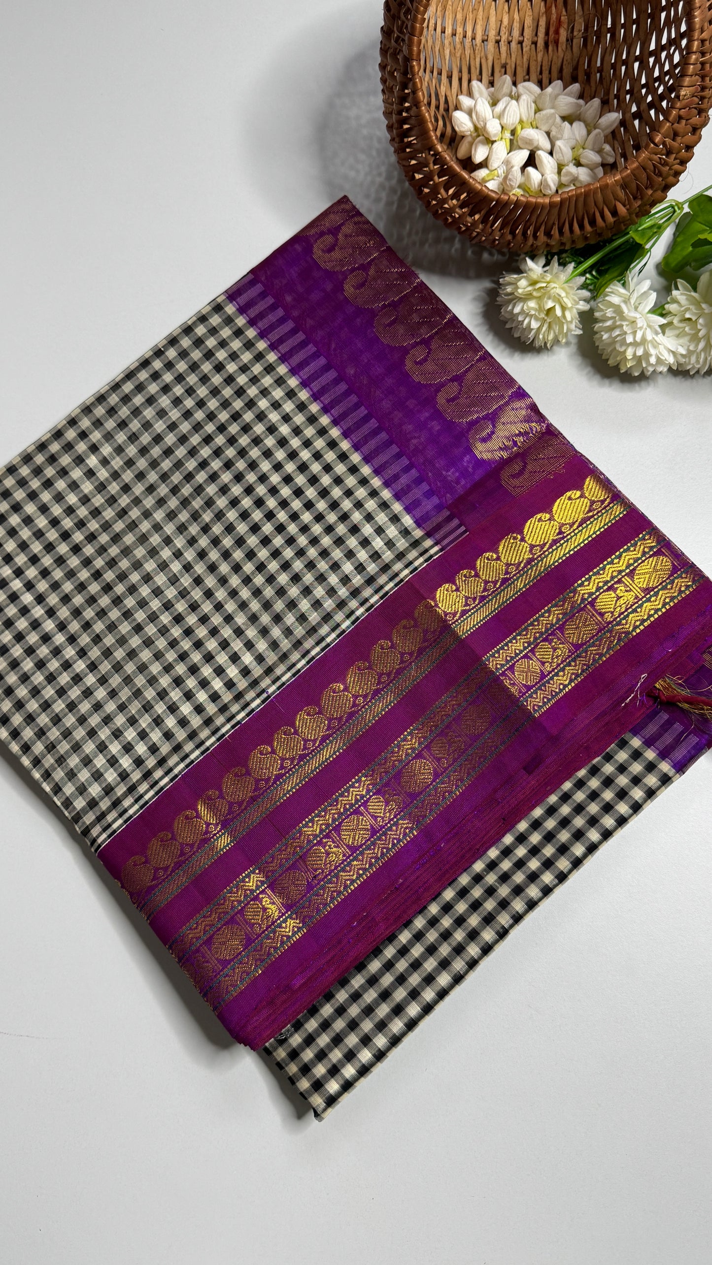 Black & White Checks Pure Silk Cotton with Korvai Border