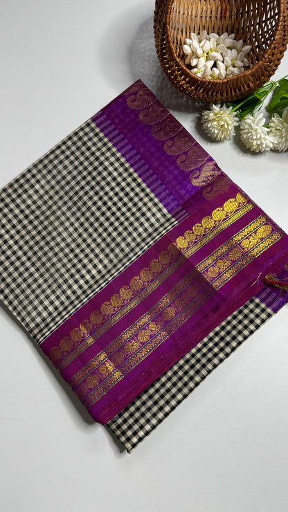 Black & White Checks Pure Silk Cotton with Korvai Border