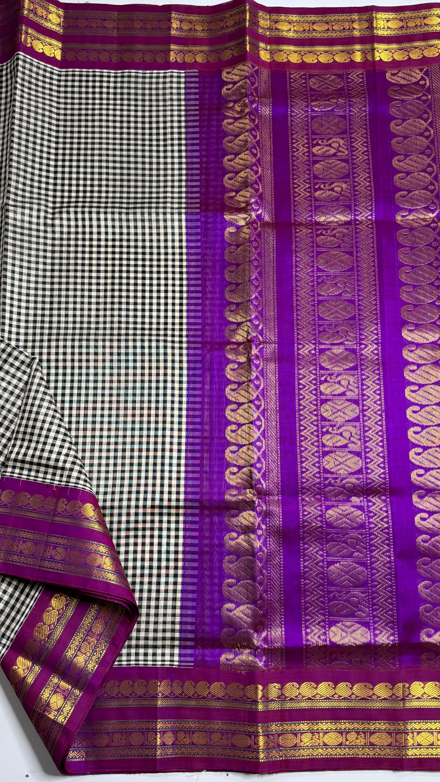 Black & White Checks Pure Silk Cotton with Korvai Border