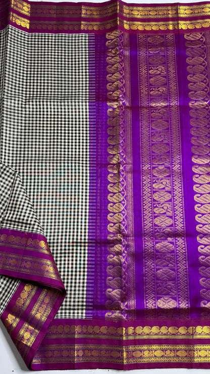 Black & White Checks Pure Silk Cotton with Korvai Border
