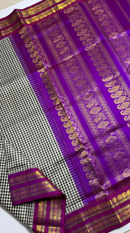Black & White Checks Pure Silk Cotton with Korvai Border