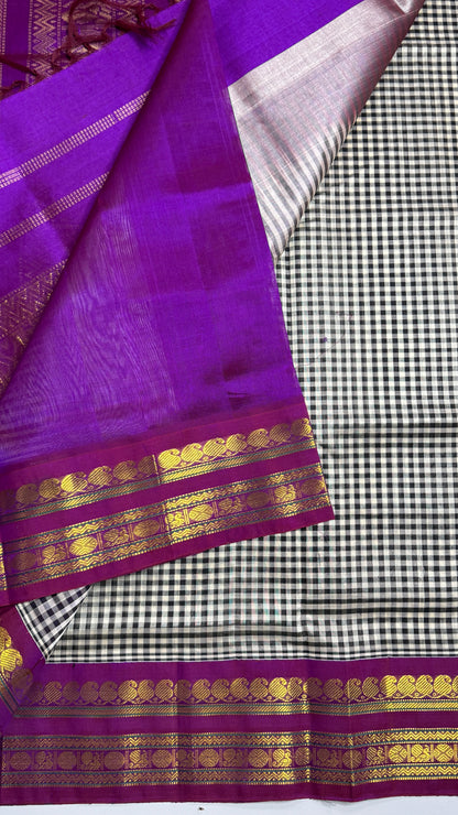 Black & White Checks Pure Silk Cotton with Korvai Border