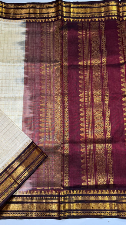 Zari Checks Pure Silk Cotton Saree with Korvai Border