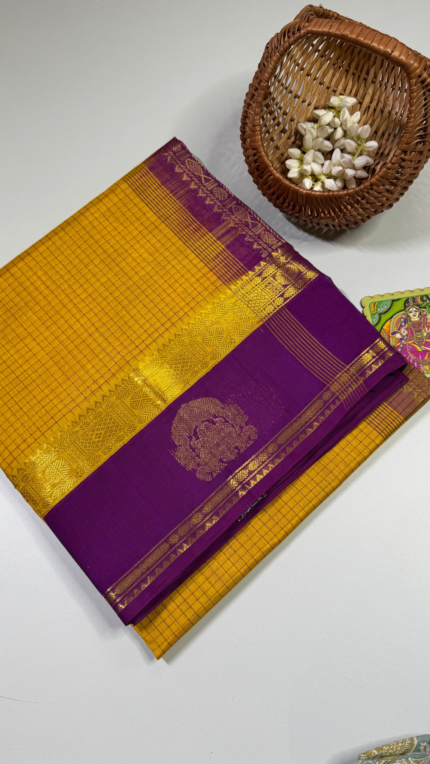 Thread Checks Pure Silk Cotton Saree with Korvai Border