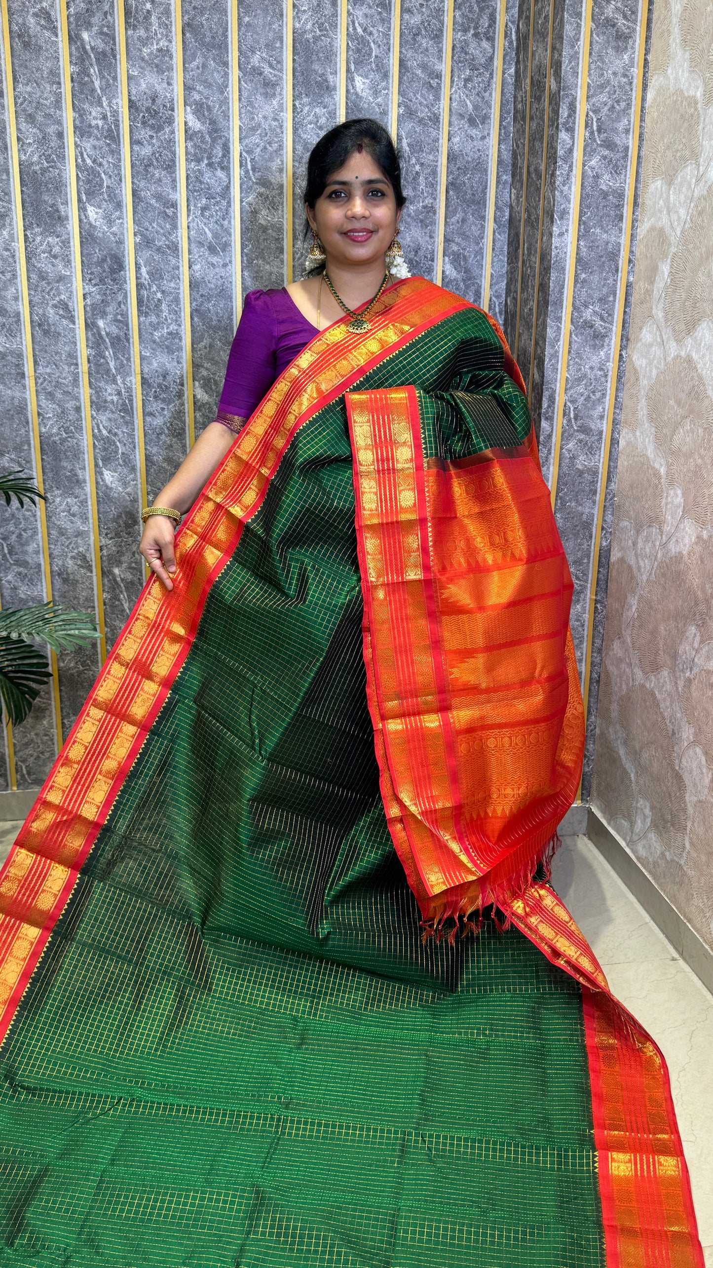 Zari Checks Pure Silk Cotton Saree with Korvai Border
