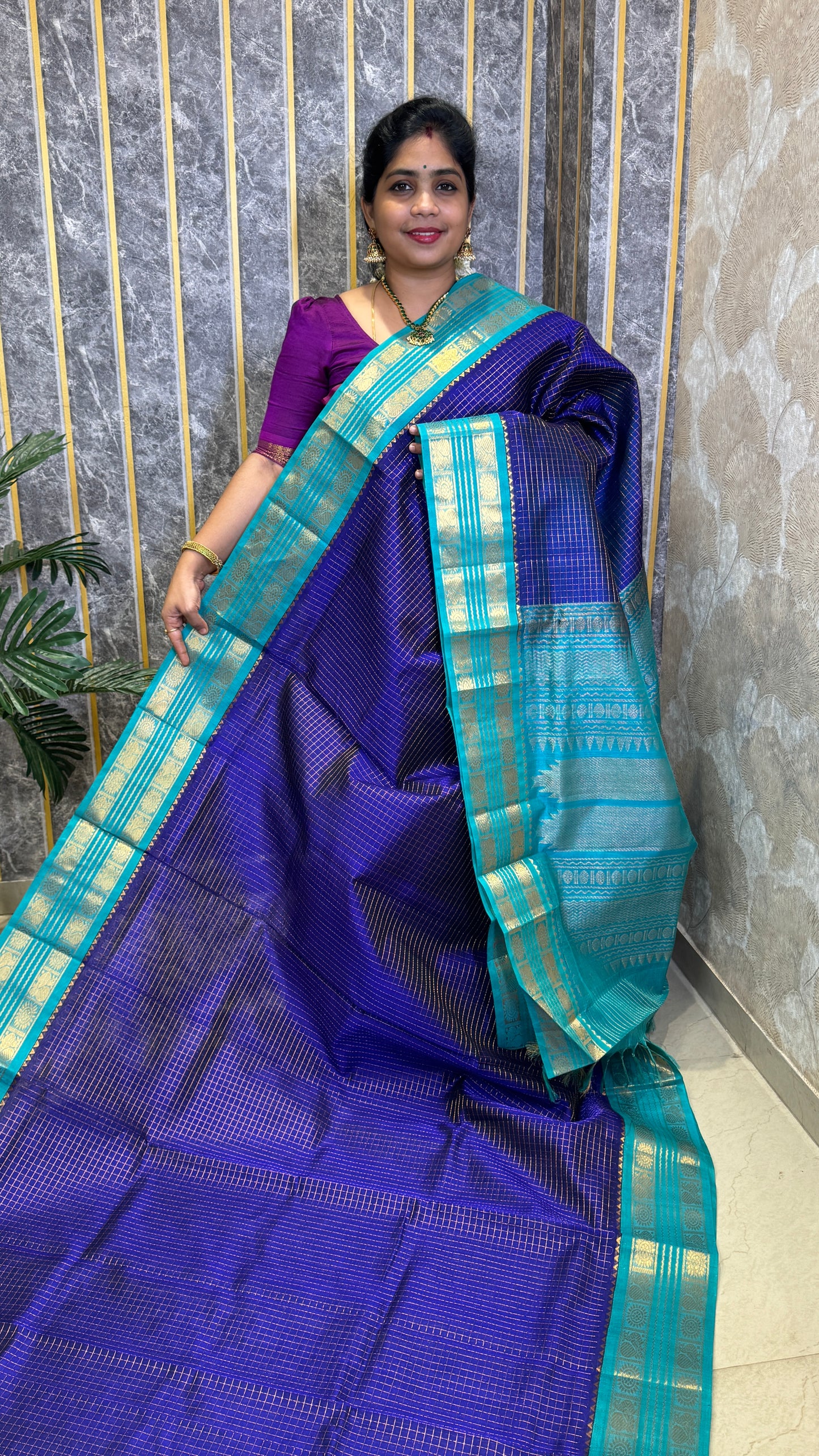Zari Checks Pure Silk Cotton Saree with Korvai Border