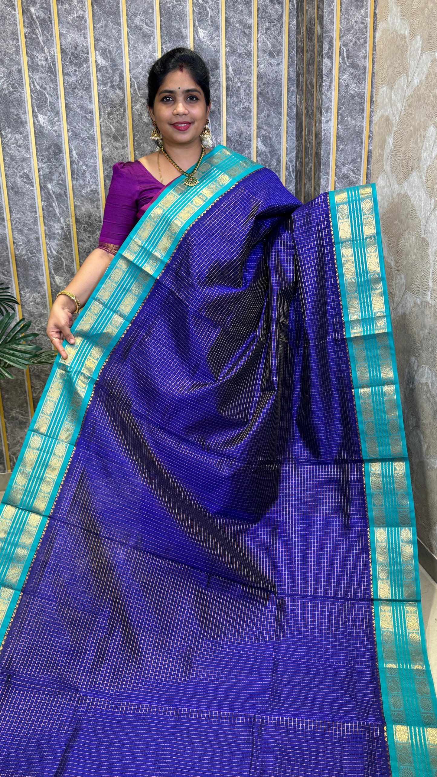 Zari Checks Pure Silk Cotton Saree with Korvai Border