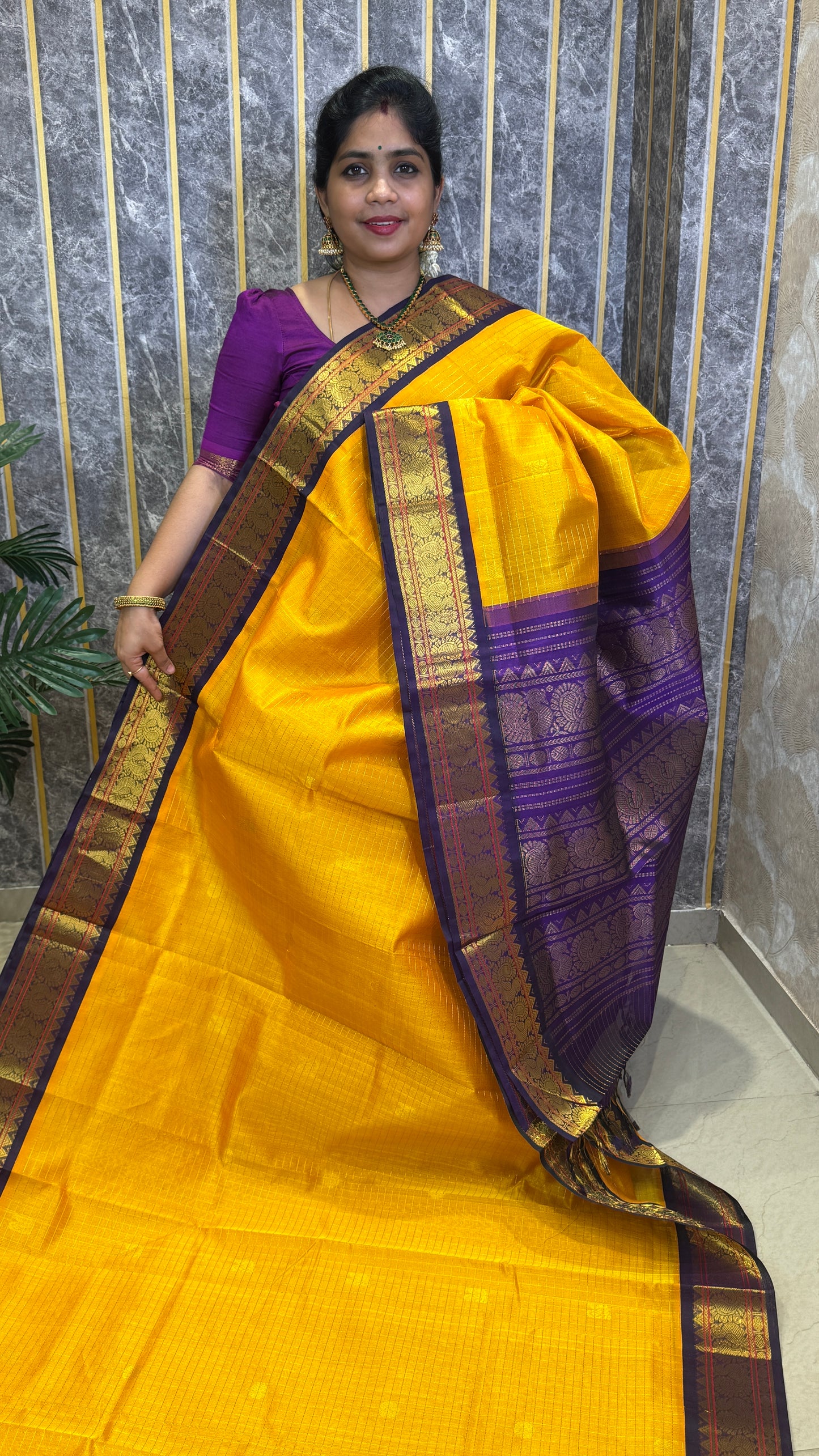 Zari Checks Pure Silk Cotton Saree with Korvai Borders