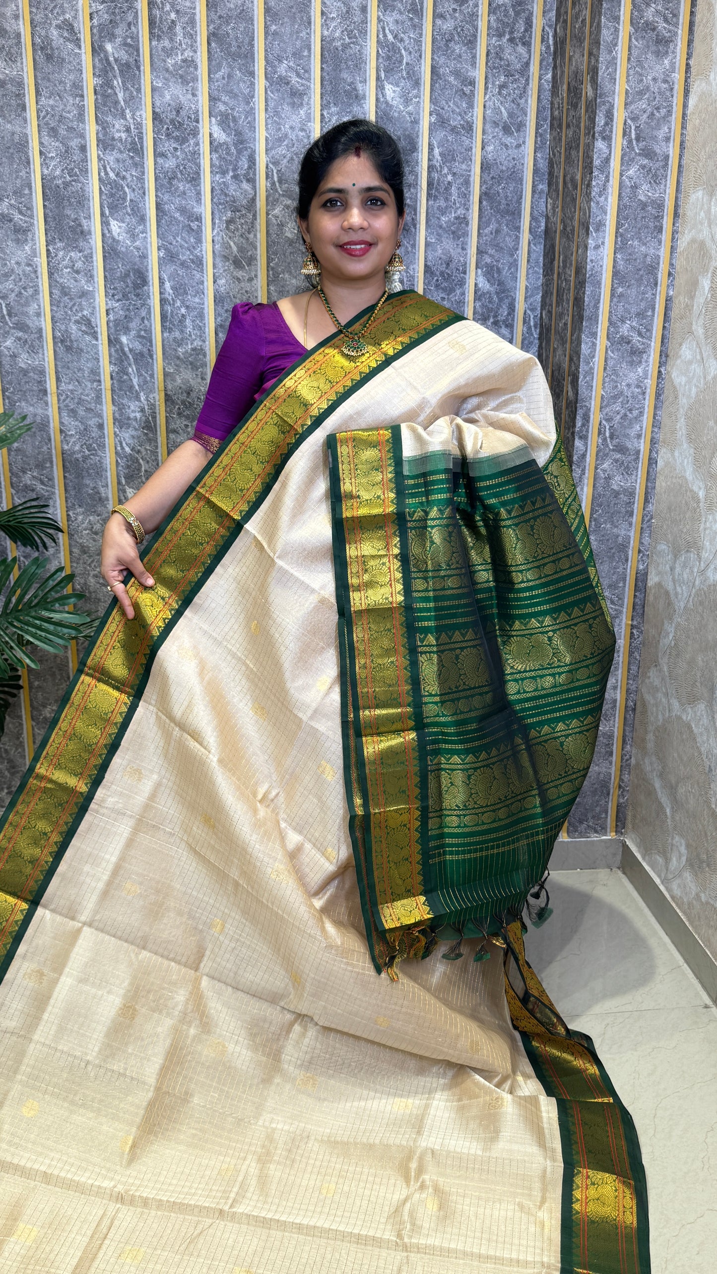 Zari Checks Pure Silk Cotton Saree with Korvai Borders