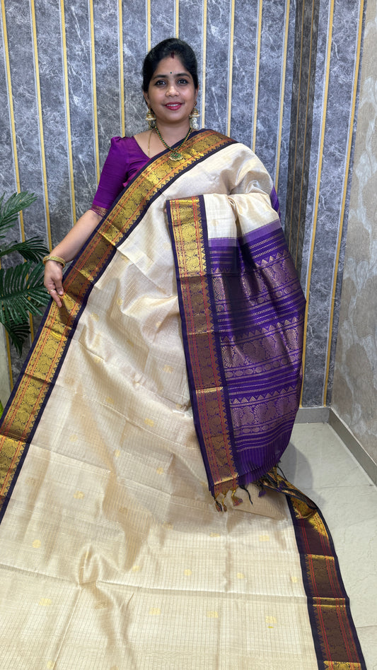 Zari Checks Pure Silk Cotton Saree with Korvai Borders