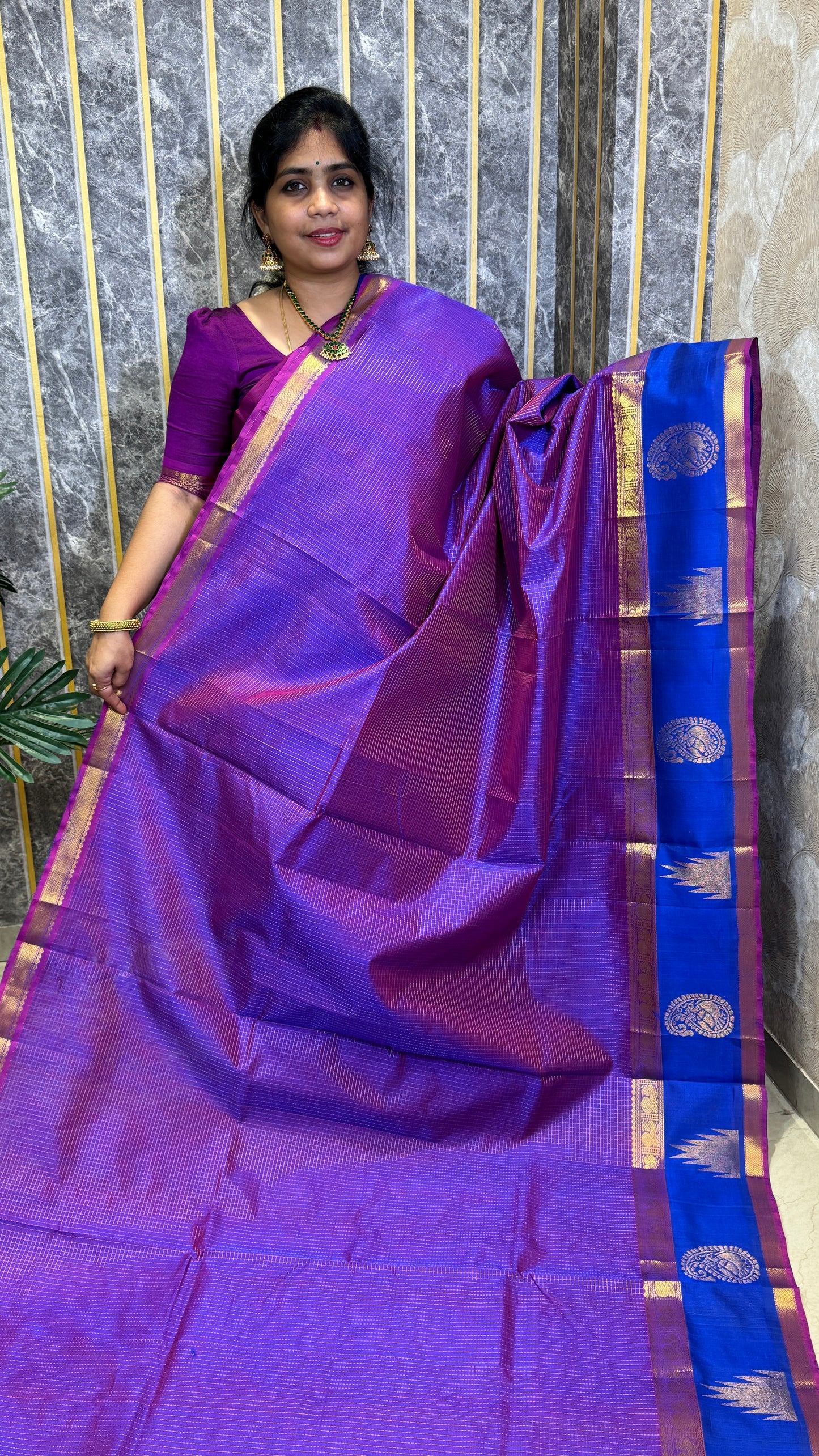 Zari Checks Pure Silk Cotton Saree with Korvai Border