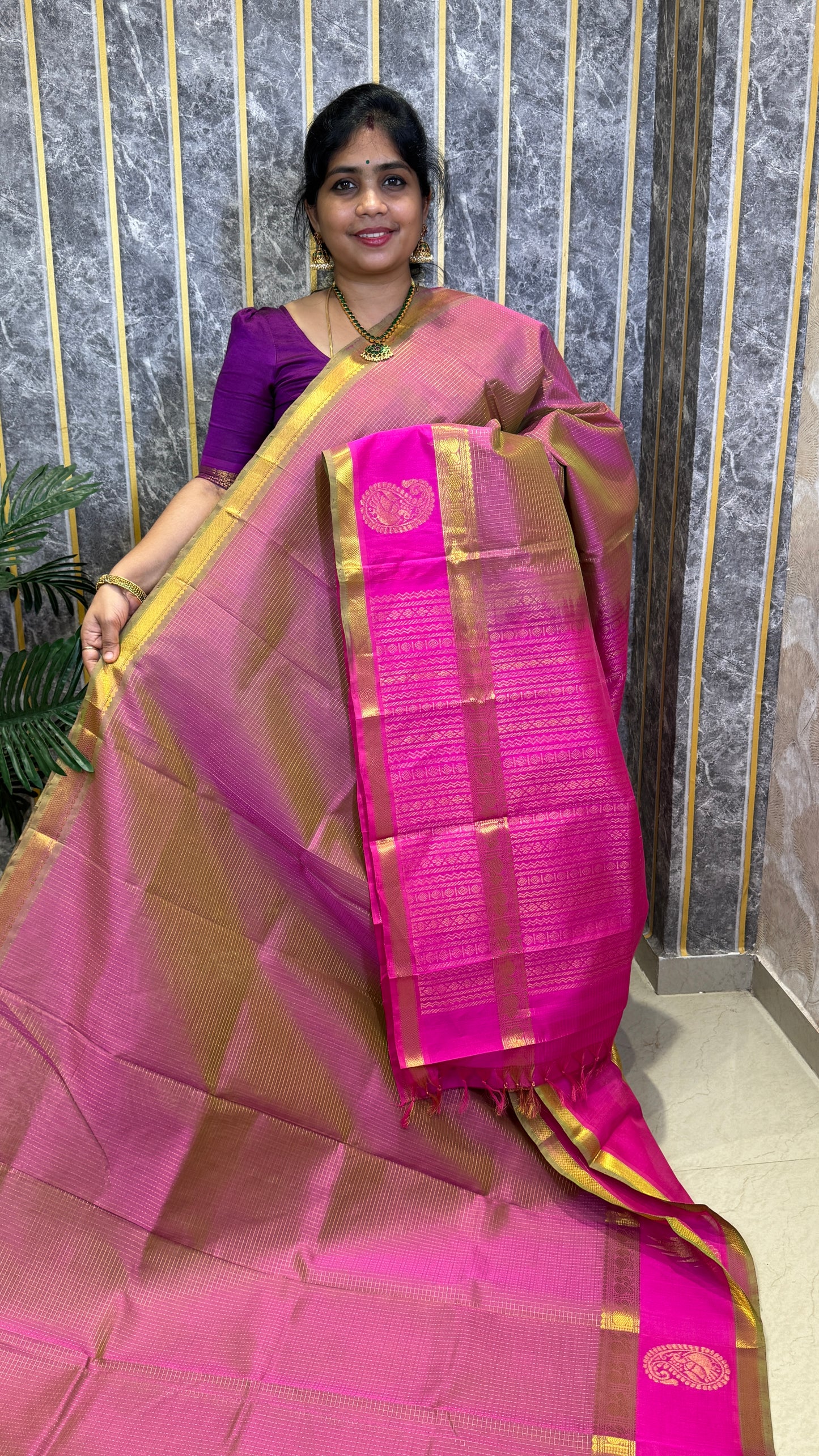 Zari Checks Pure Silk Cotton Saree with Korvai Border