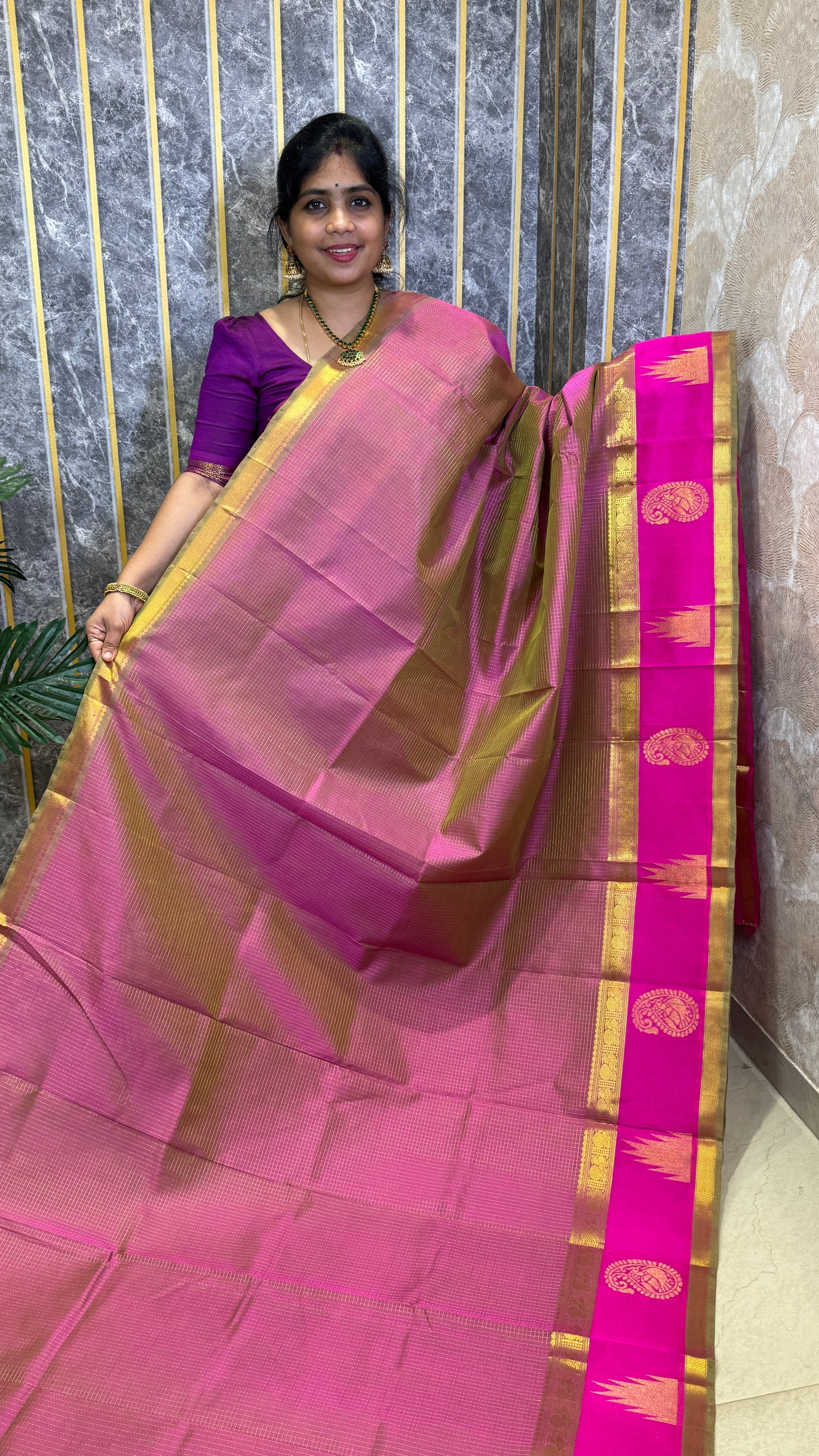 Zari Checks Pure Silk Cotton Saree with Korvai Border