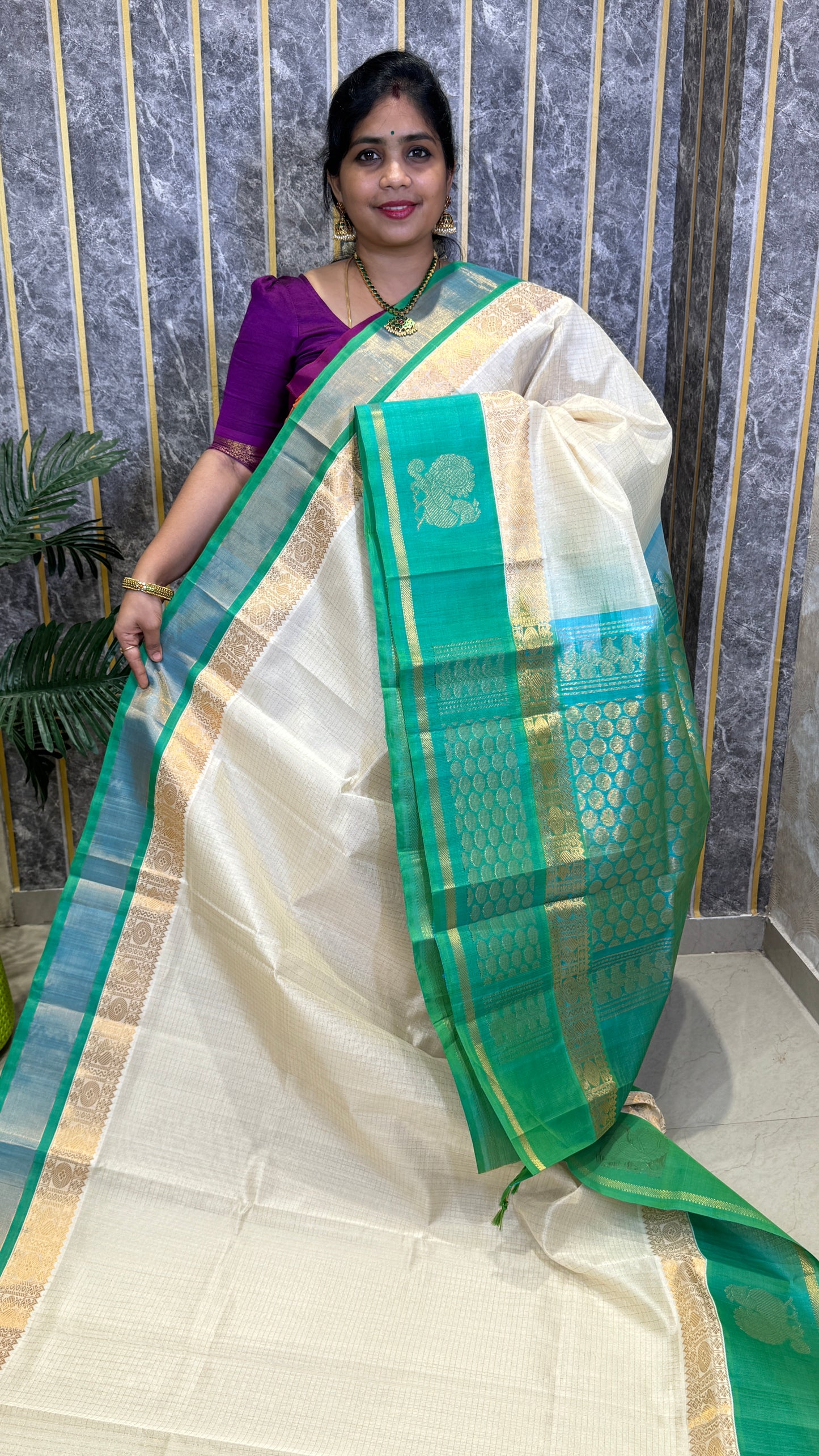 Zari Checks Pure Silk Cotton Saree with Korvai Border